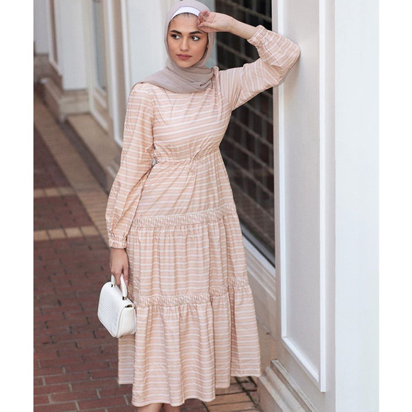 Hijab House Dresses & Skirts - Hijab House Striped Day Dress Beige White 6 Maxi Modest Tier Long Sleeve Boho